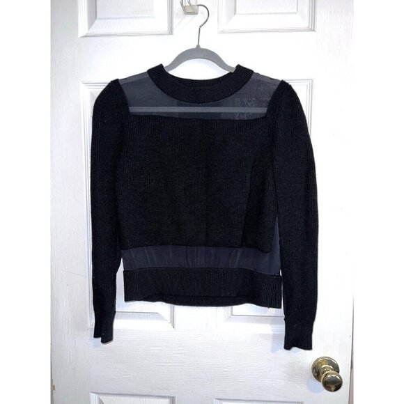 RAG & BONE Black Cropped Crewneck Sweater Merino Wool & Sheer Silk Panel - Picture 1 of 14